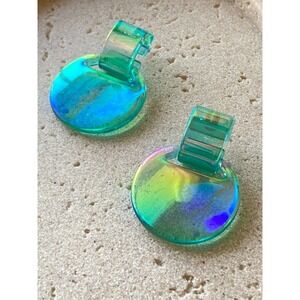 Retro Translucent Acrylic Earrings Iridescent Blue Green Round Disc Modern